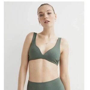 H&M Khaki Green Bikini Top Ribbed‎ Size 12 Soft Deep V Swim
